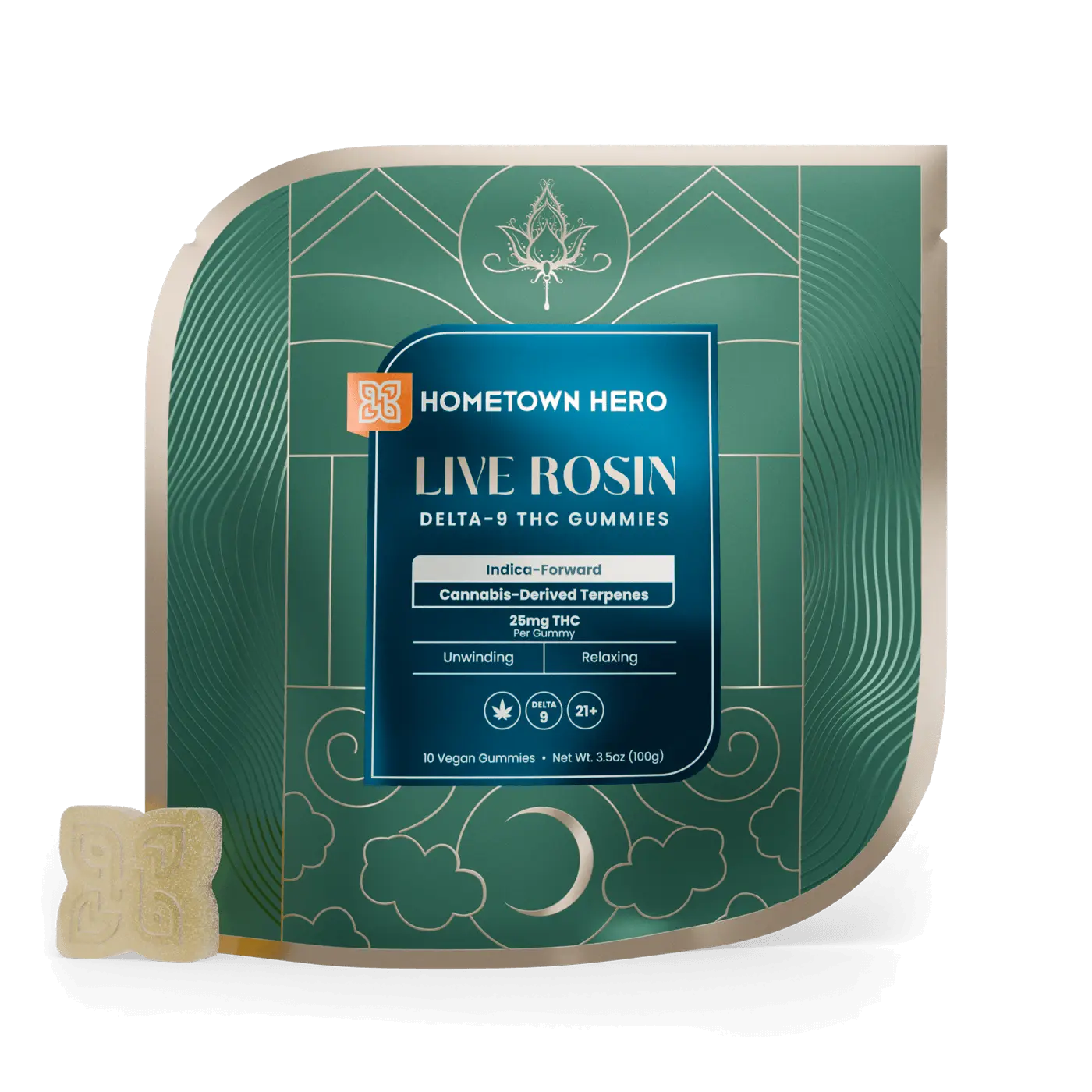 Indica Live Rosin Gummies packaging with gummy