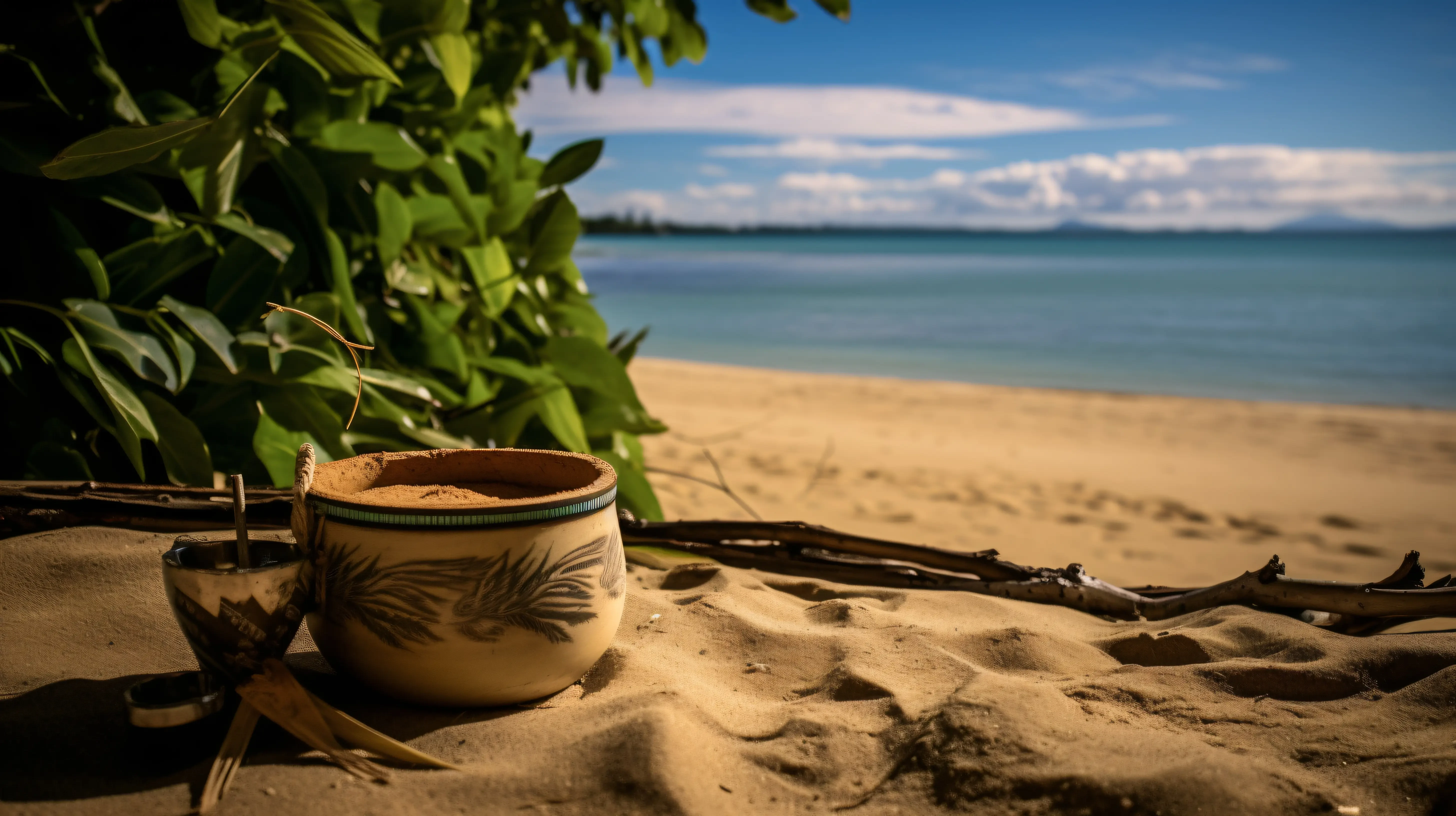 kava powder and plant on beach