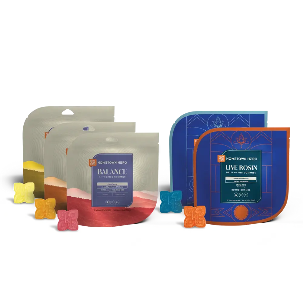 2 bags of live rosin gummies, 3 bags of THC CBD gummies
