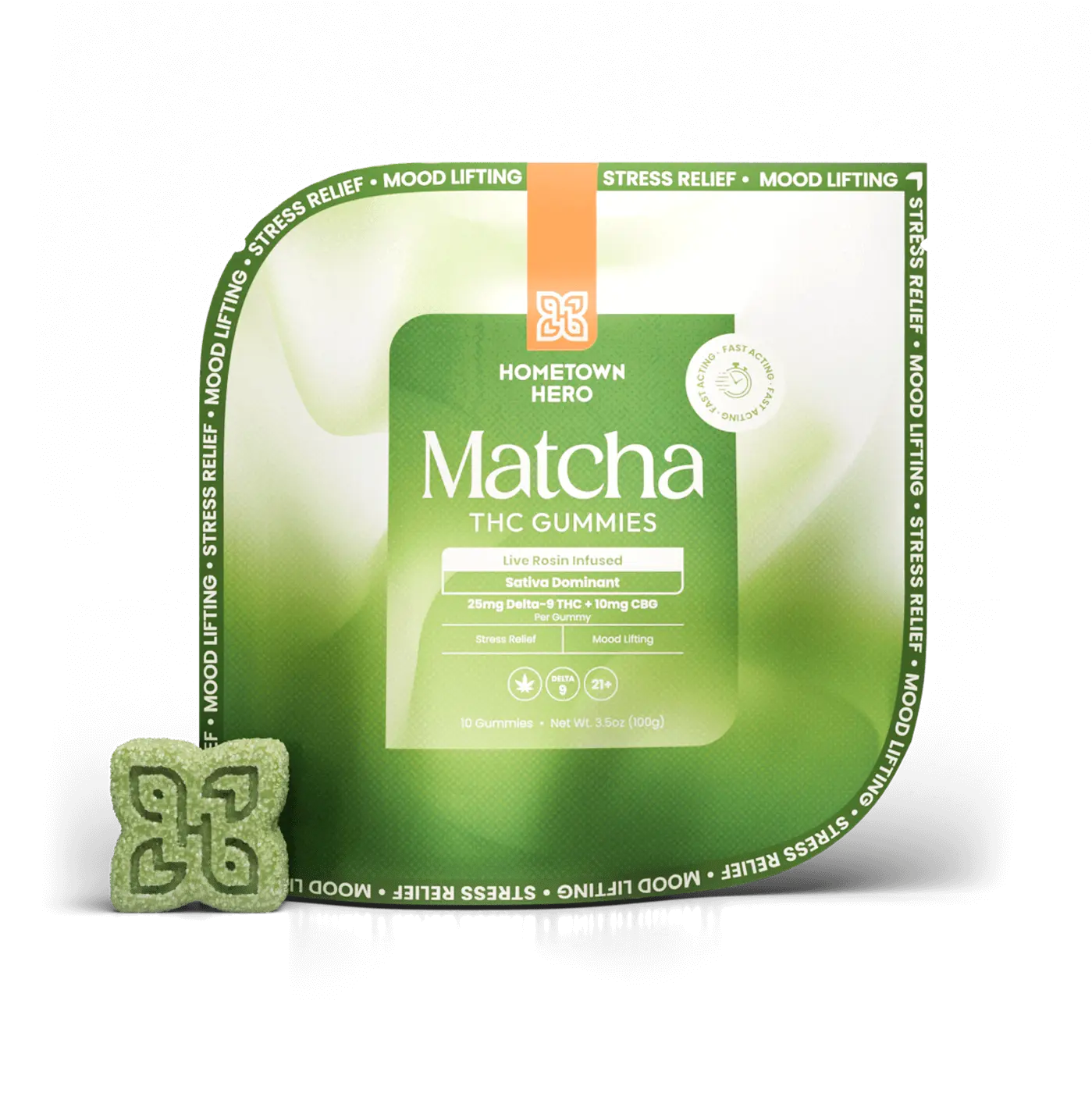 bag of matcha gummies and single gummy