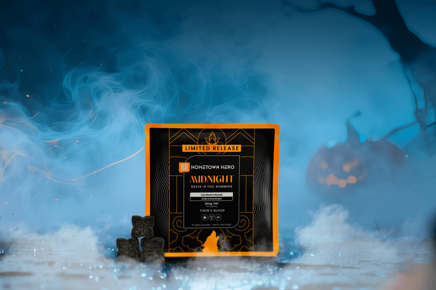 midnight gummies in a spooky setting