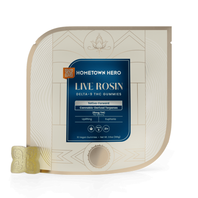 Sativa Live Rosin Gummies packaging with gummy