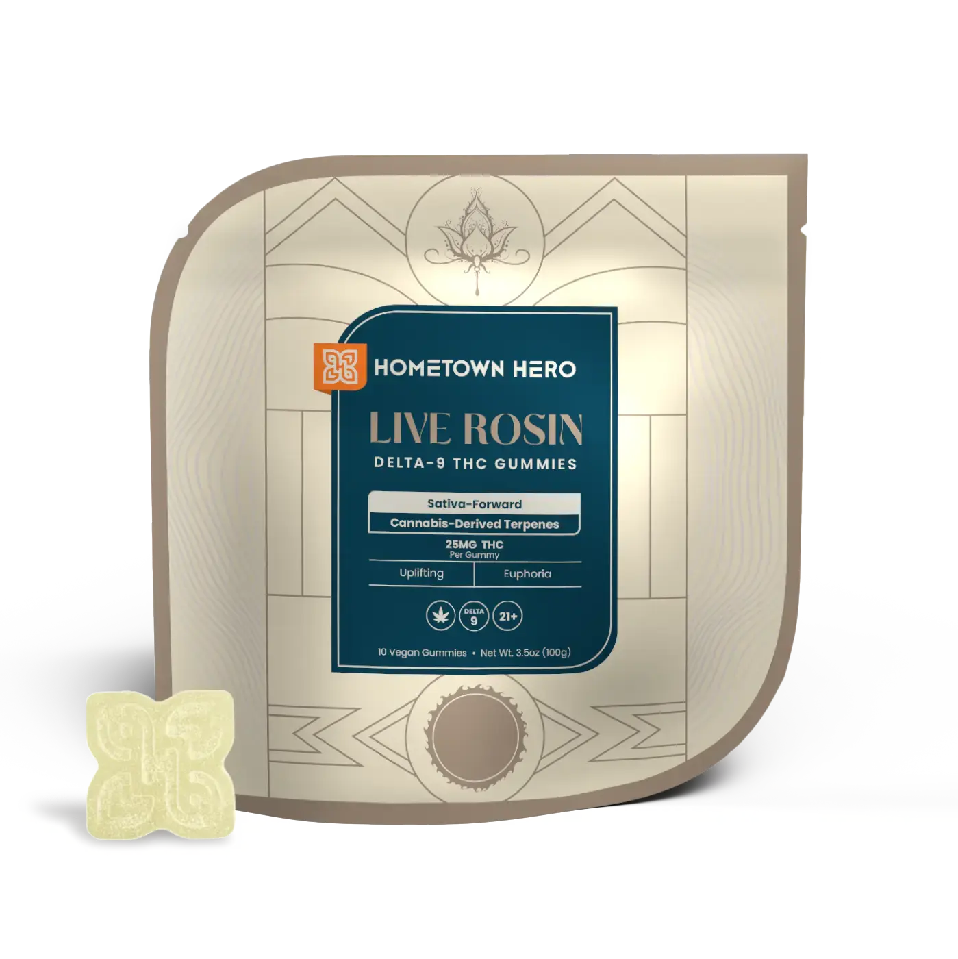 Sativa Live Rosin Gummies packaging with gummy