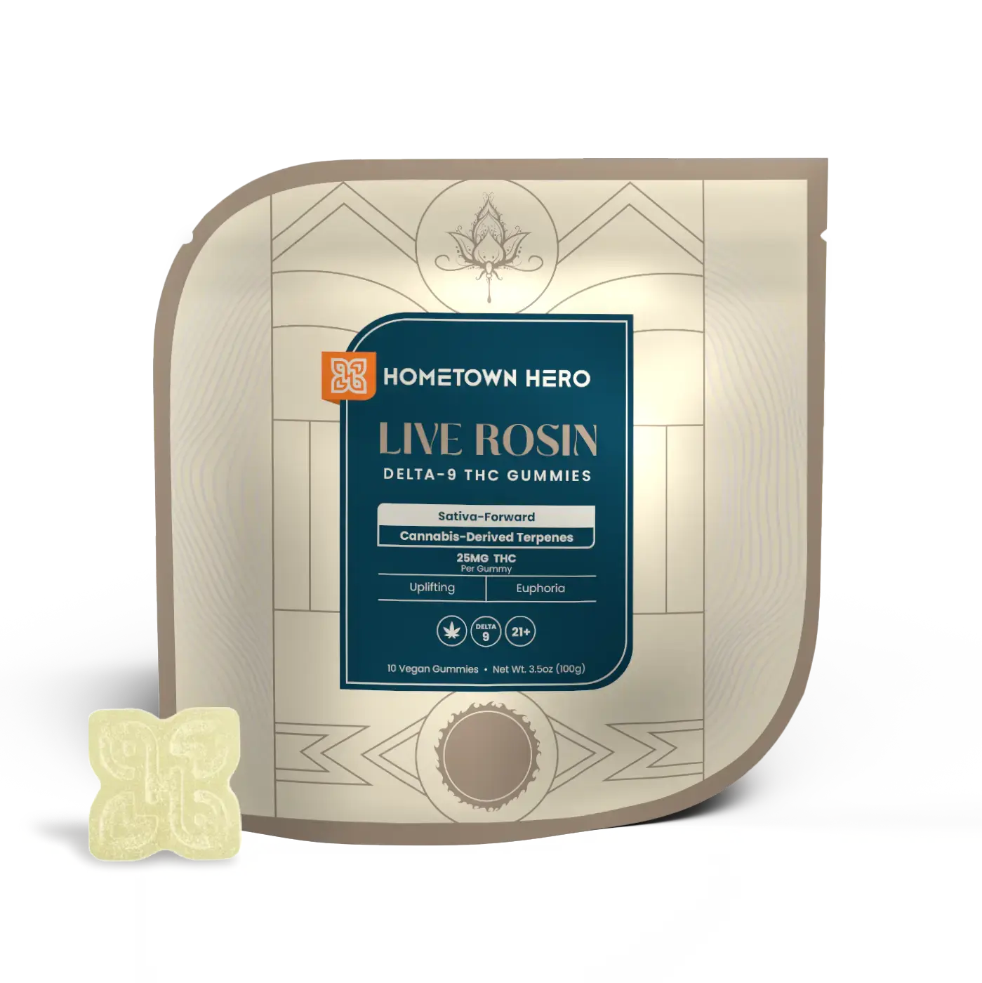 Sativa Live Rosin Gummies packaging with gummy