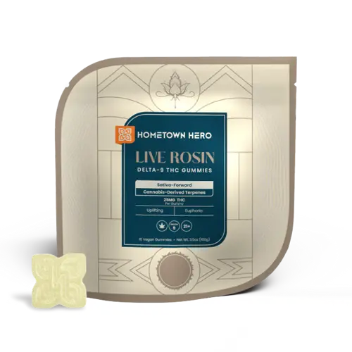 Sativa Live Rosin Gummies packaging with gummy