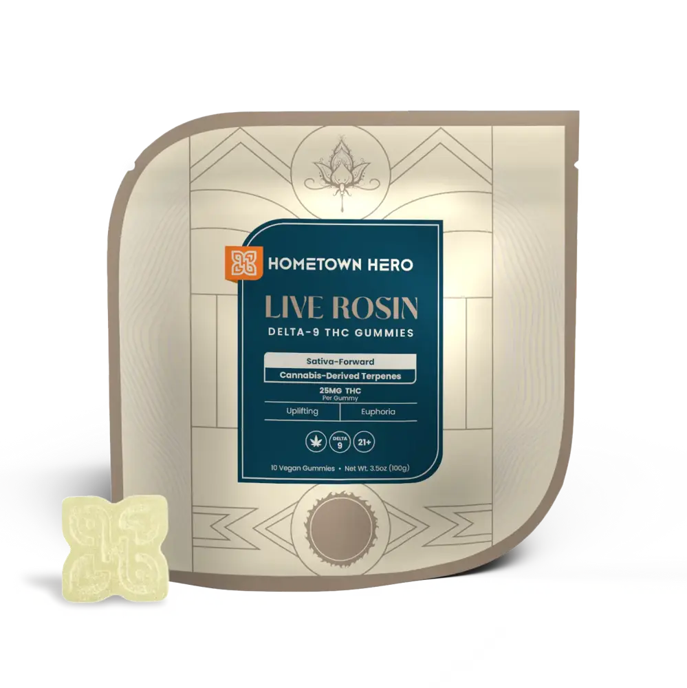 Sativa Live Rosin Gummies packaging with gummy
