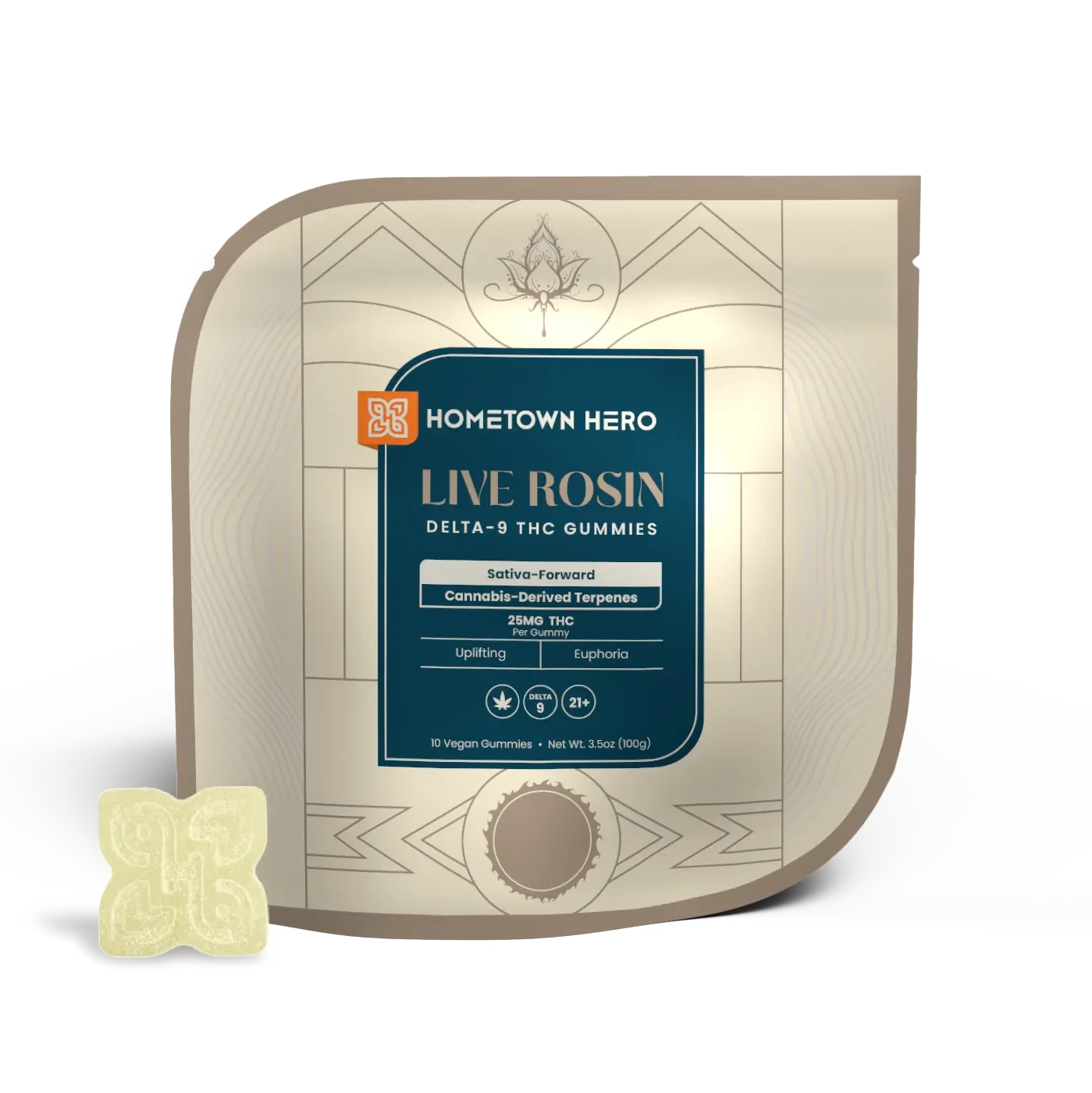 Sativa Live Rosin Gummies packaging with gummy