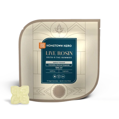 Sativa Live Rosin Gummies packaging with gummy