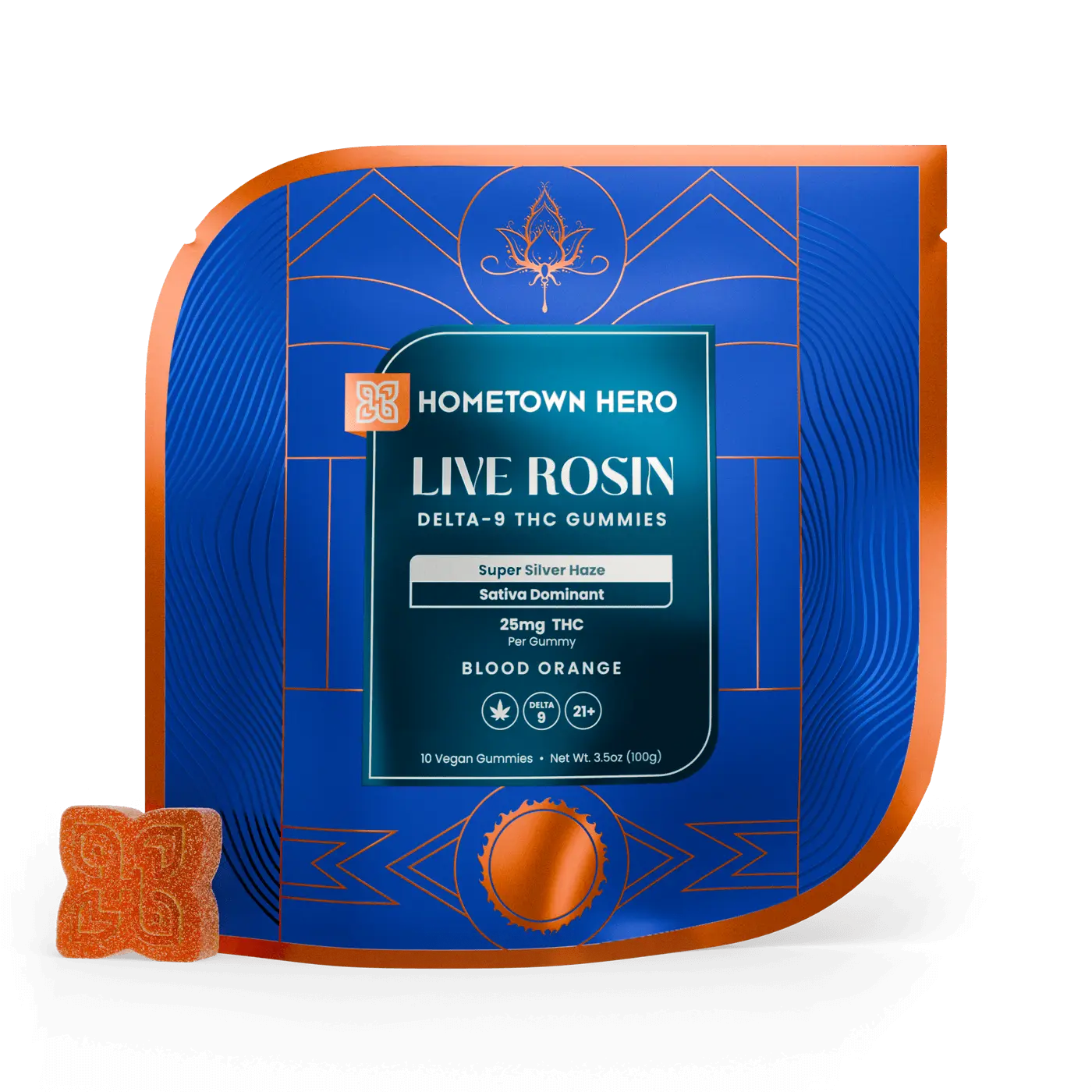 Pack of Blood Orange Sativa Super Silver Haze Live Rosin Gummies
