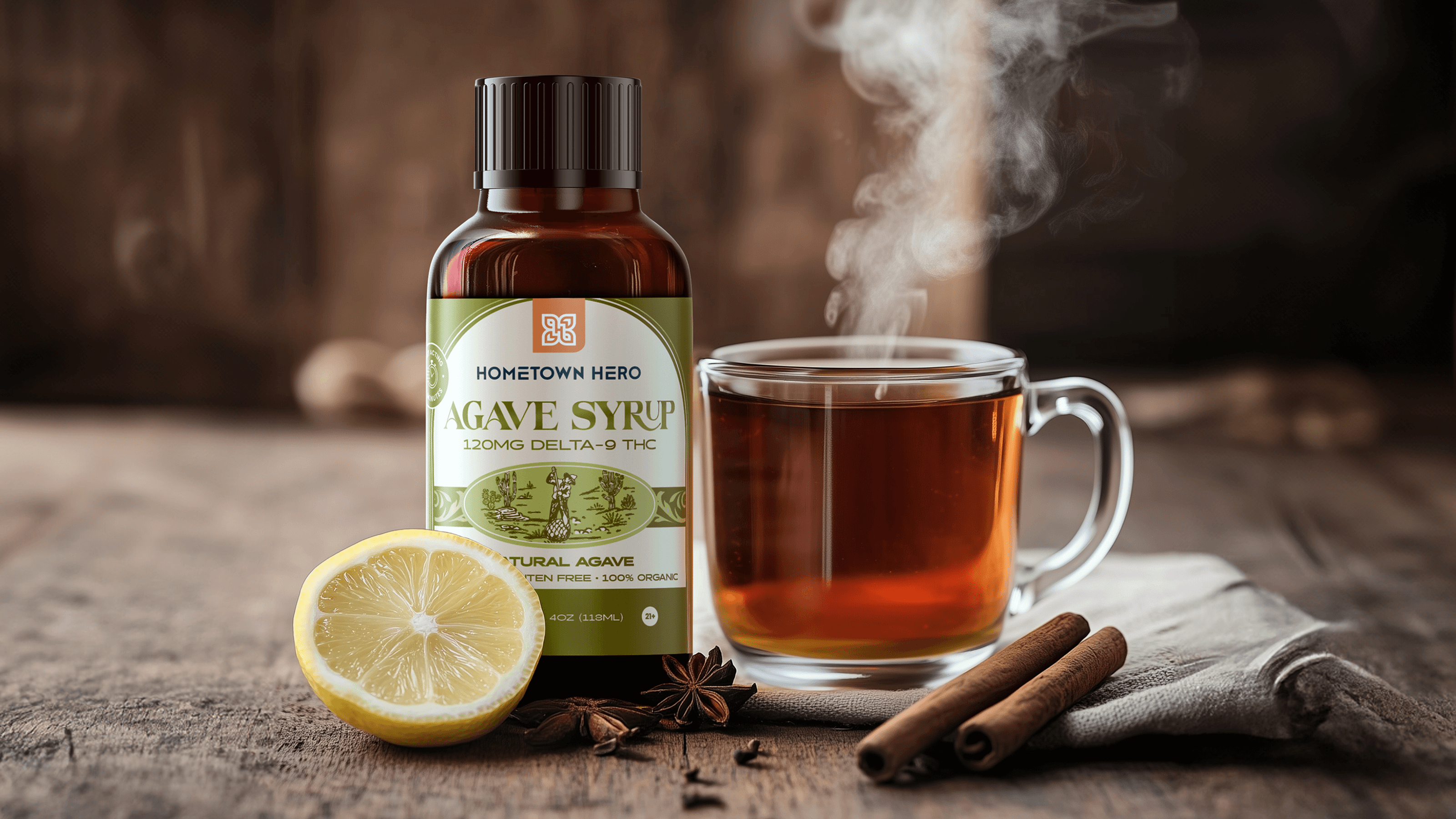 a mug of hot tea next to a bottle of THC syrup
