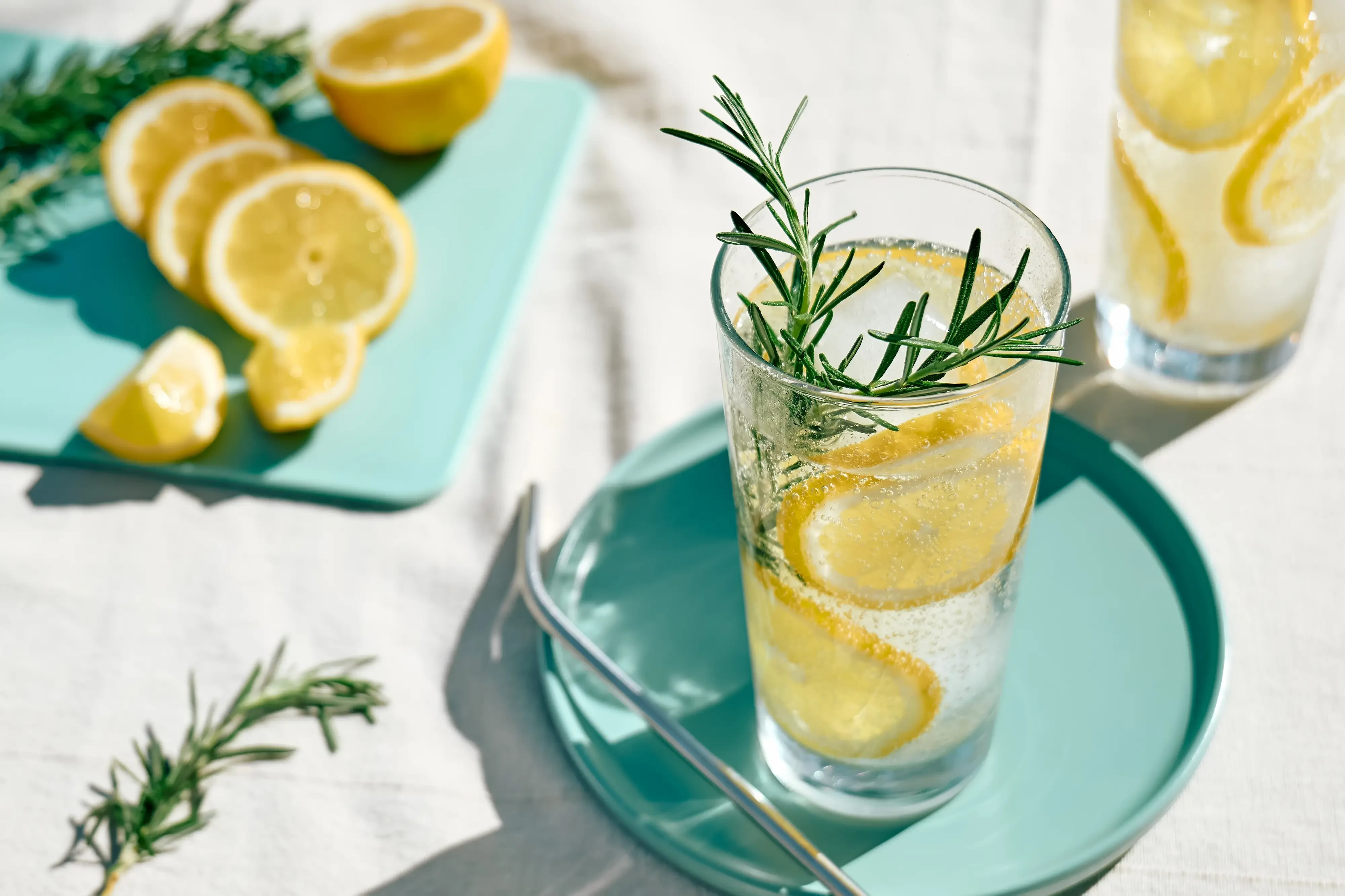 a glass of bubbly seltzer with lemon slices and rosemary sprigs