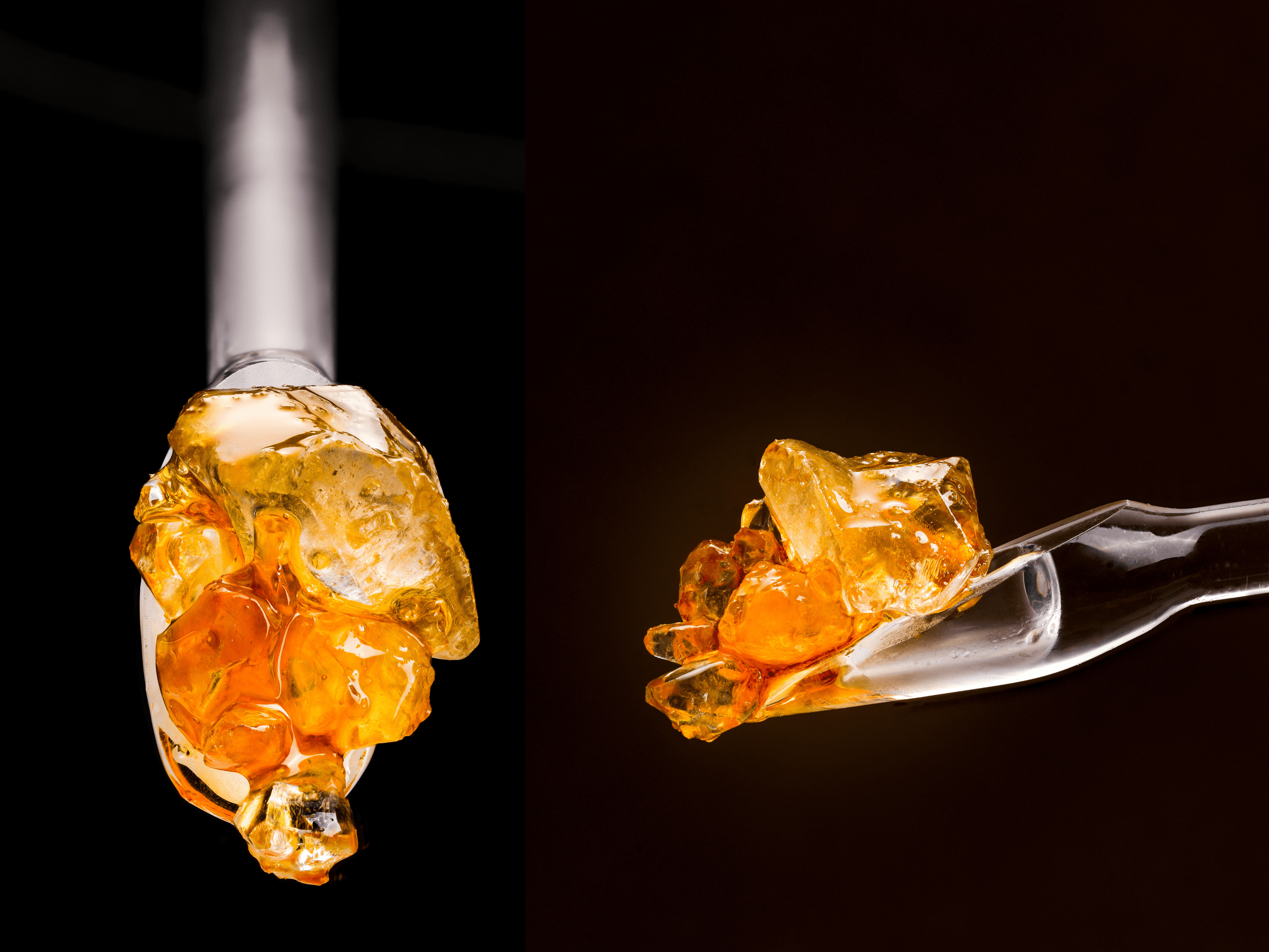 Gold and Amber colored Cannabis Diamonds on a Glass Dab Tool
