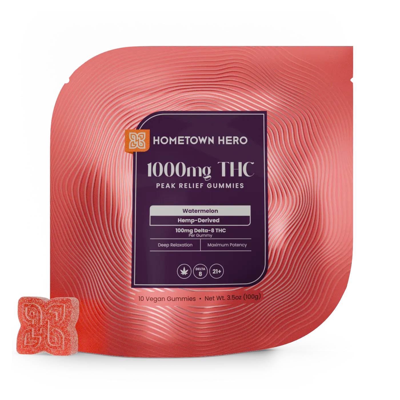 delta 8 gummy bag and red gummy in front