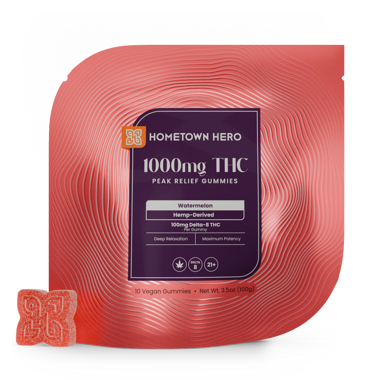 delta 8 gummy bag and red gummy in front