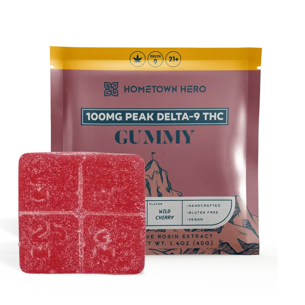 100mg Delta-9 Gummy package and edible