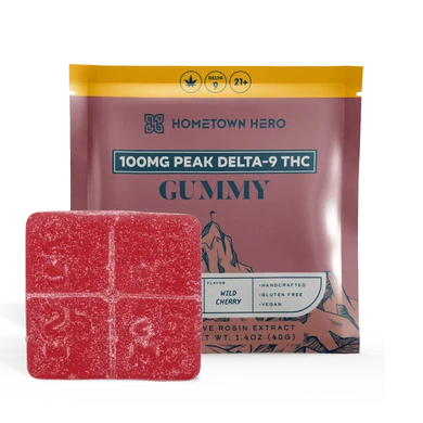 100mg Delta-9 Gummy package and edible